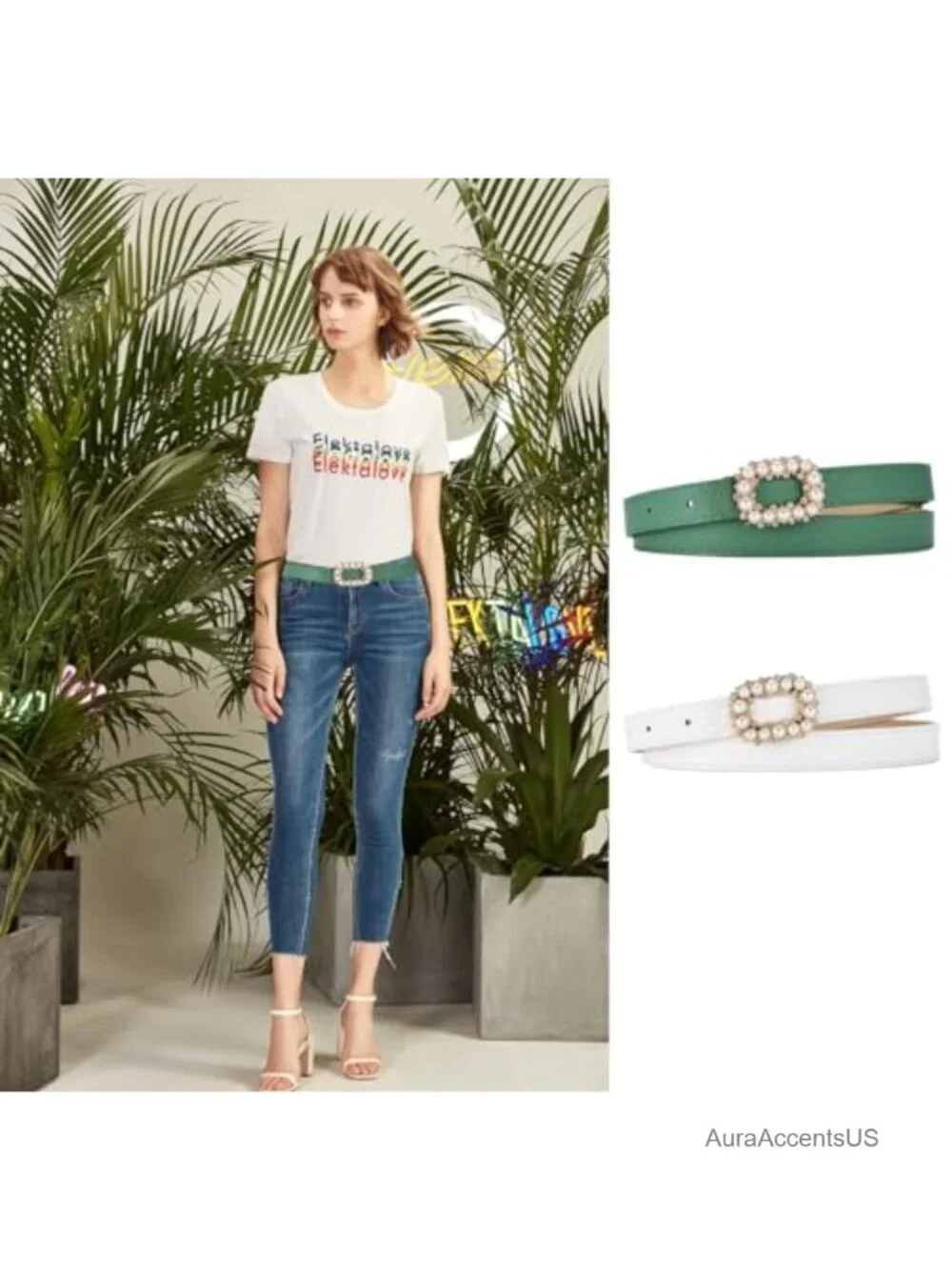 Pearl Rhinestone Rectangle Buckle Skinny Faux Leather Belt